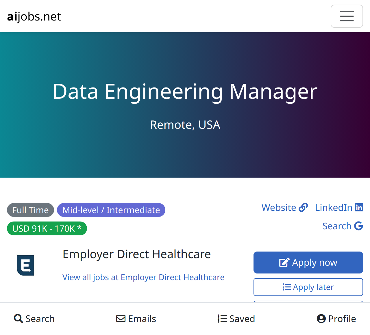 Data Engineering Manager At Employer Direct Healthcare Remote USA