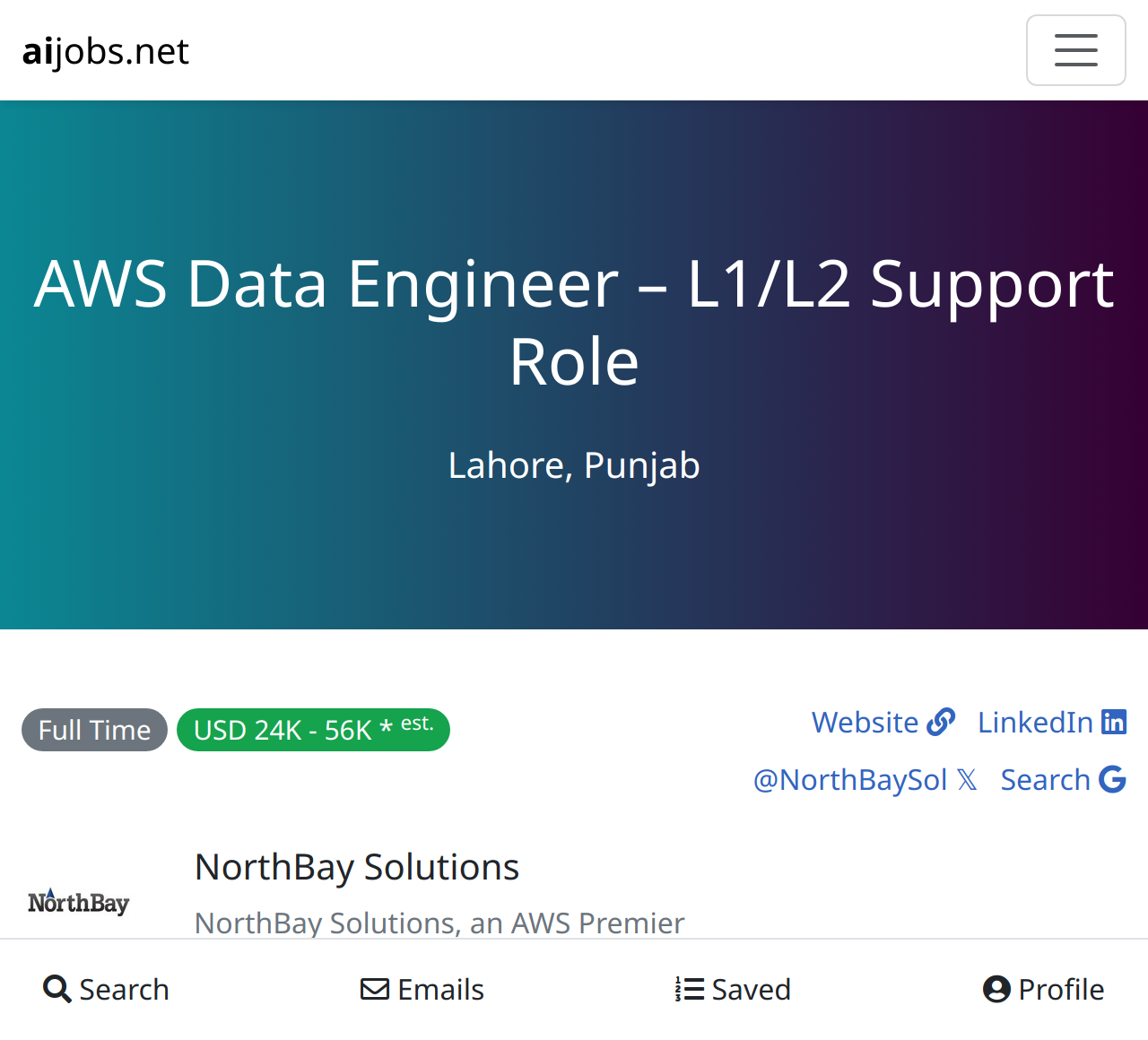 AWS Data Engineer L1 L2 Support Role At NorthBay Solutions Lahore