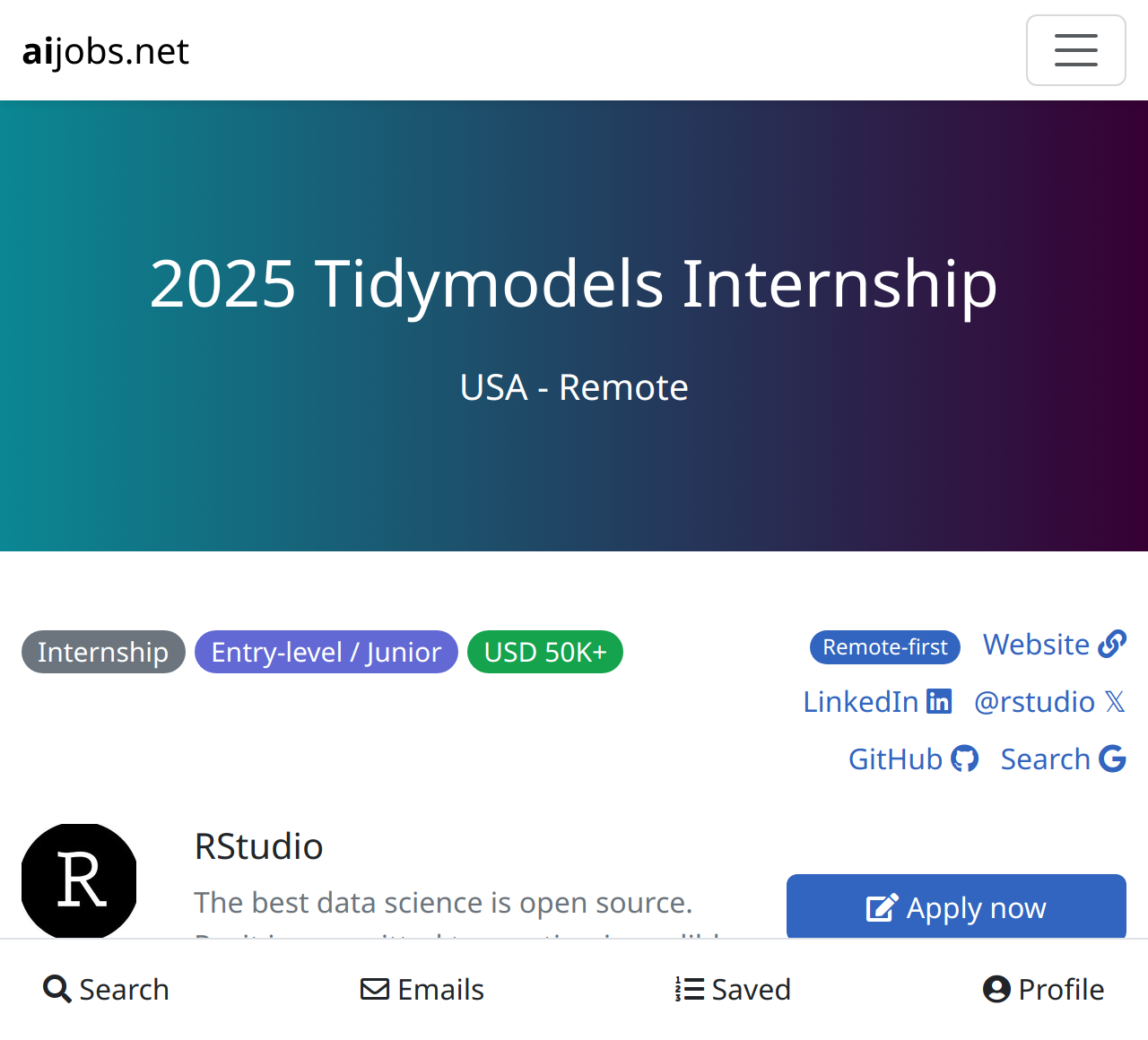 2025 Tidymodels Internship at RStudio USA Remote