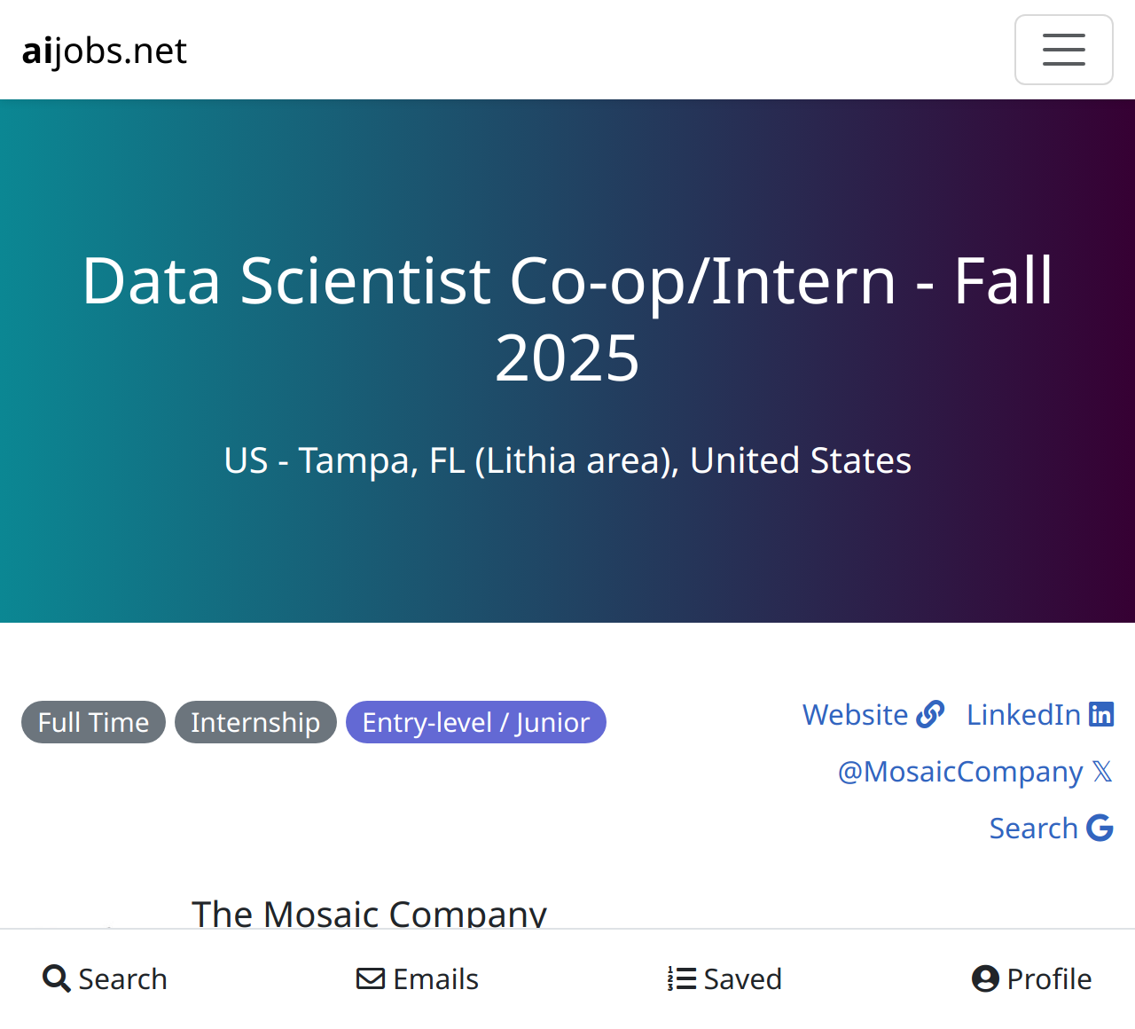 Data Scientist Coop/Intern Fall 2025 at The Mosaic Company US