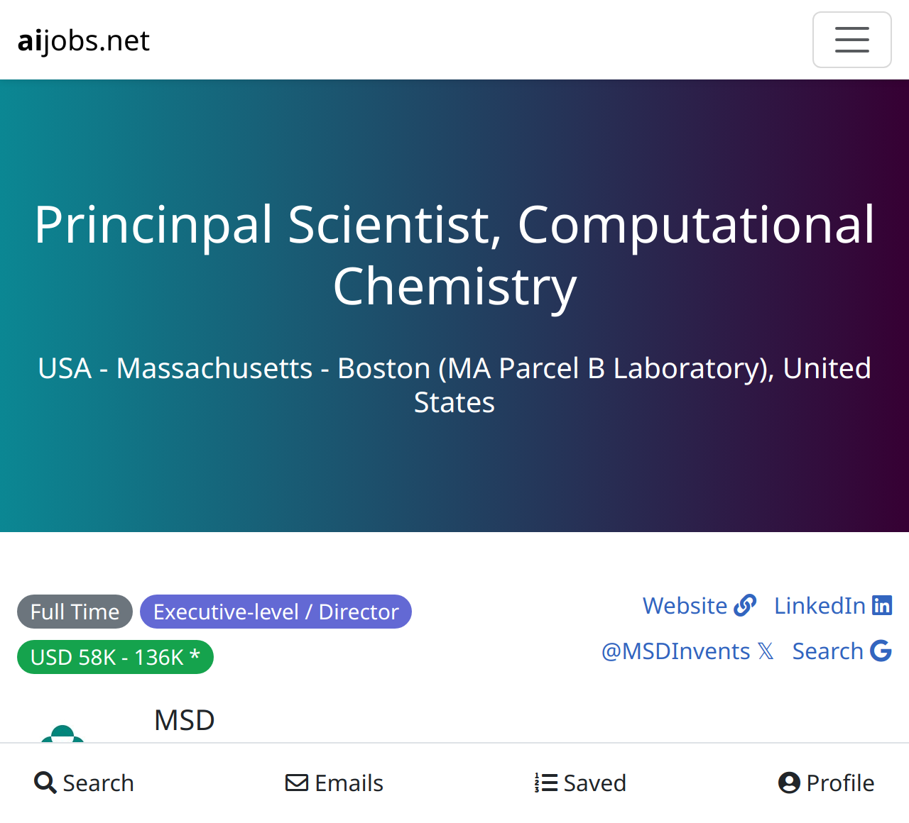 Princinpal Scientist, Computational Chemistry at MSD - USA 