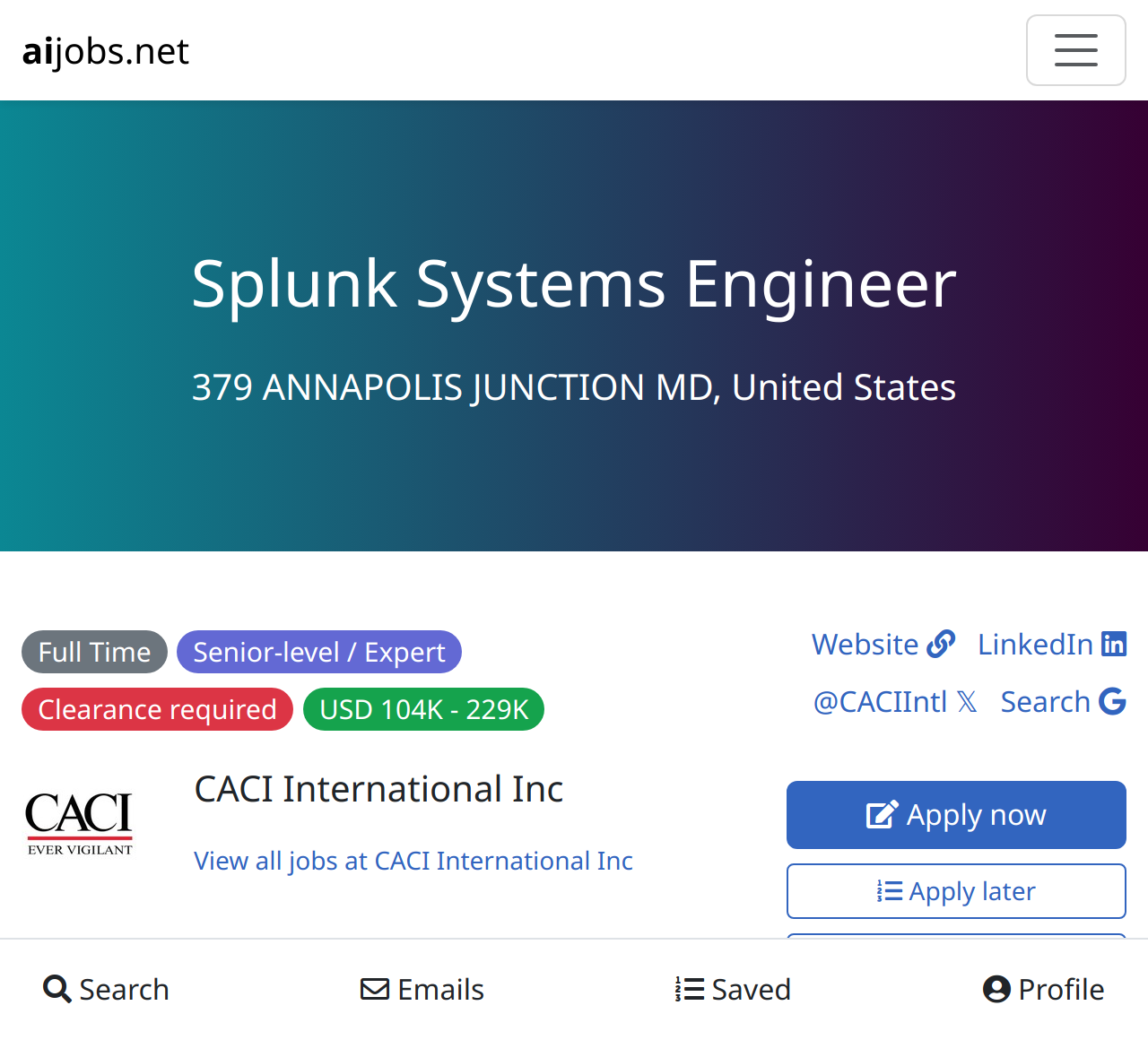 Splunk Systems Engineer at CACI International Inc - 379 ANNAPOLIS ...