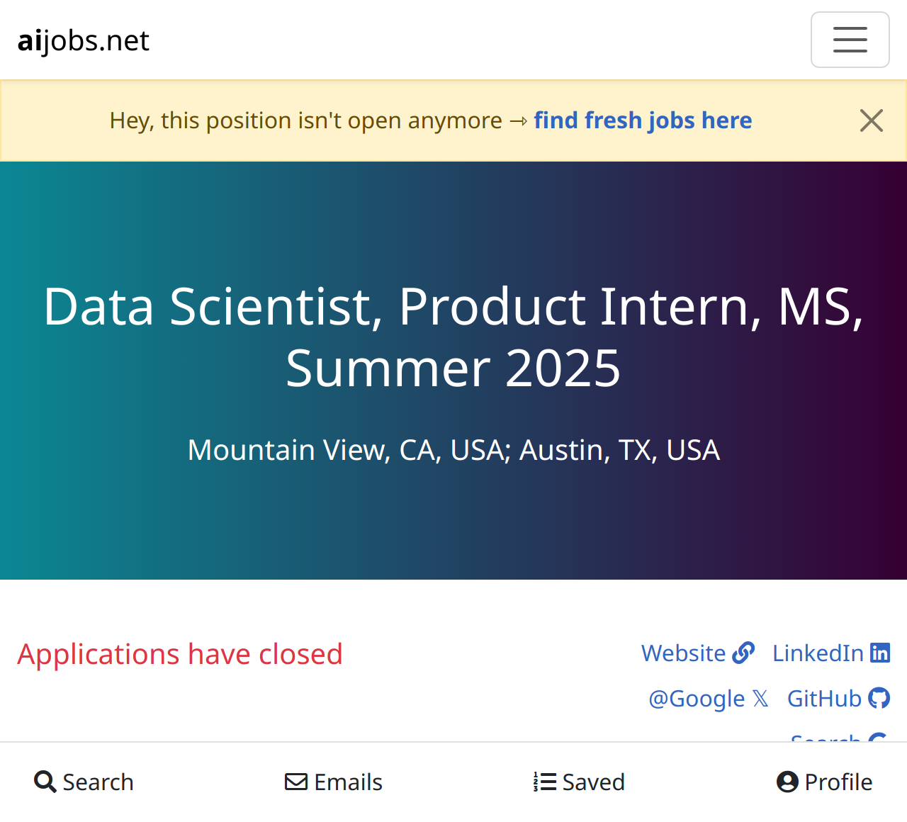 Data Scientist, Product Intern, MS, Summer 2025 at Google Mountain