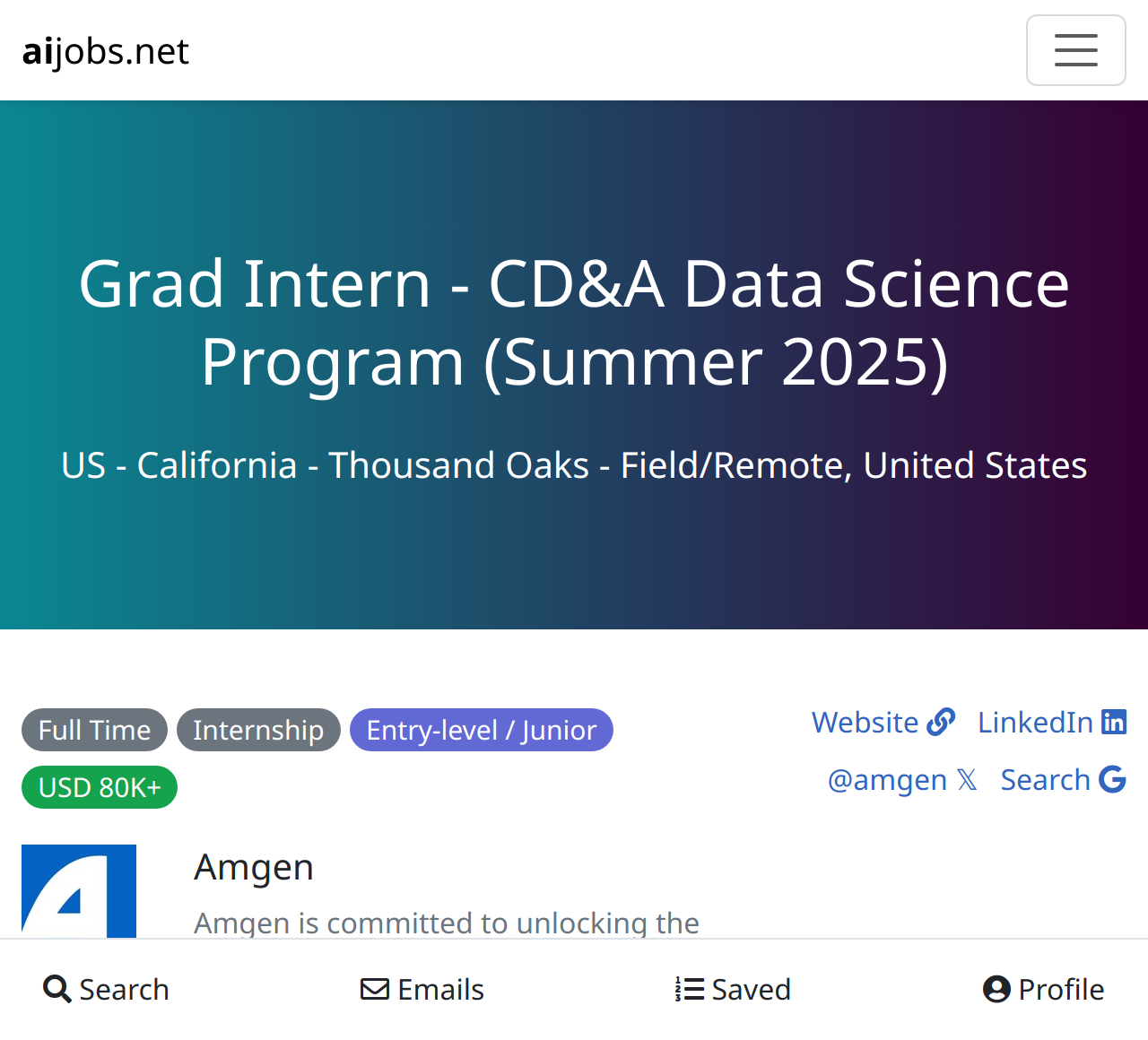 Grad Intern CD&A Data Science Program (Summer 2025) at Amgen US