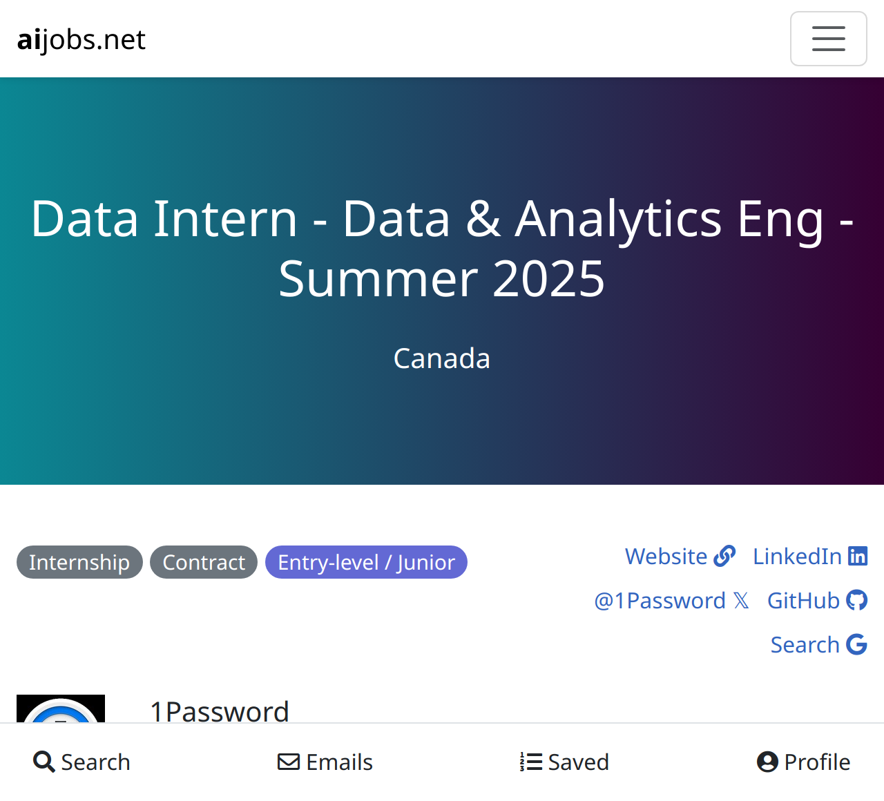 Data Intern Data & Analytics Eng Summer 2025 at 1Password Canada