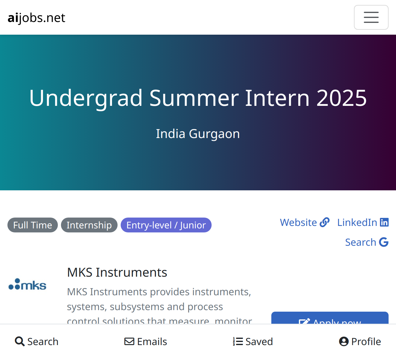 Undergrad Summer Intern 2025 at MKS Instruments India Gurgaon