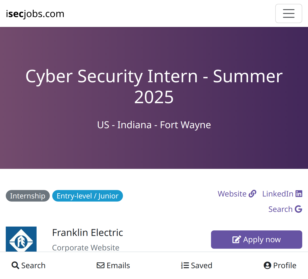 Cyber Security Intern Summer 2025 at Franklin Electric US Indiana